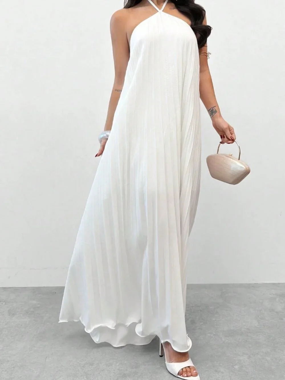 White Elegant Women's Pleated Halter Neck Maxi Dress - Picture 11 of 11